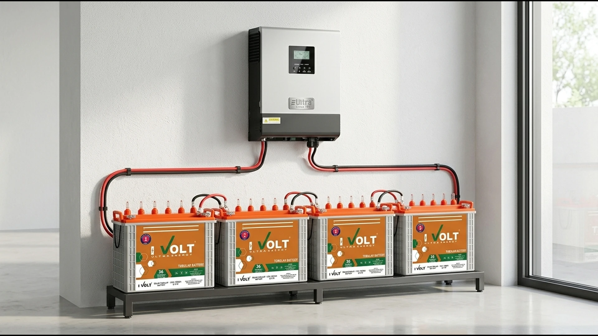 I-VOLT tubular batteries wired to an ULTRA inverter on a home wall