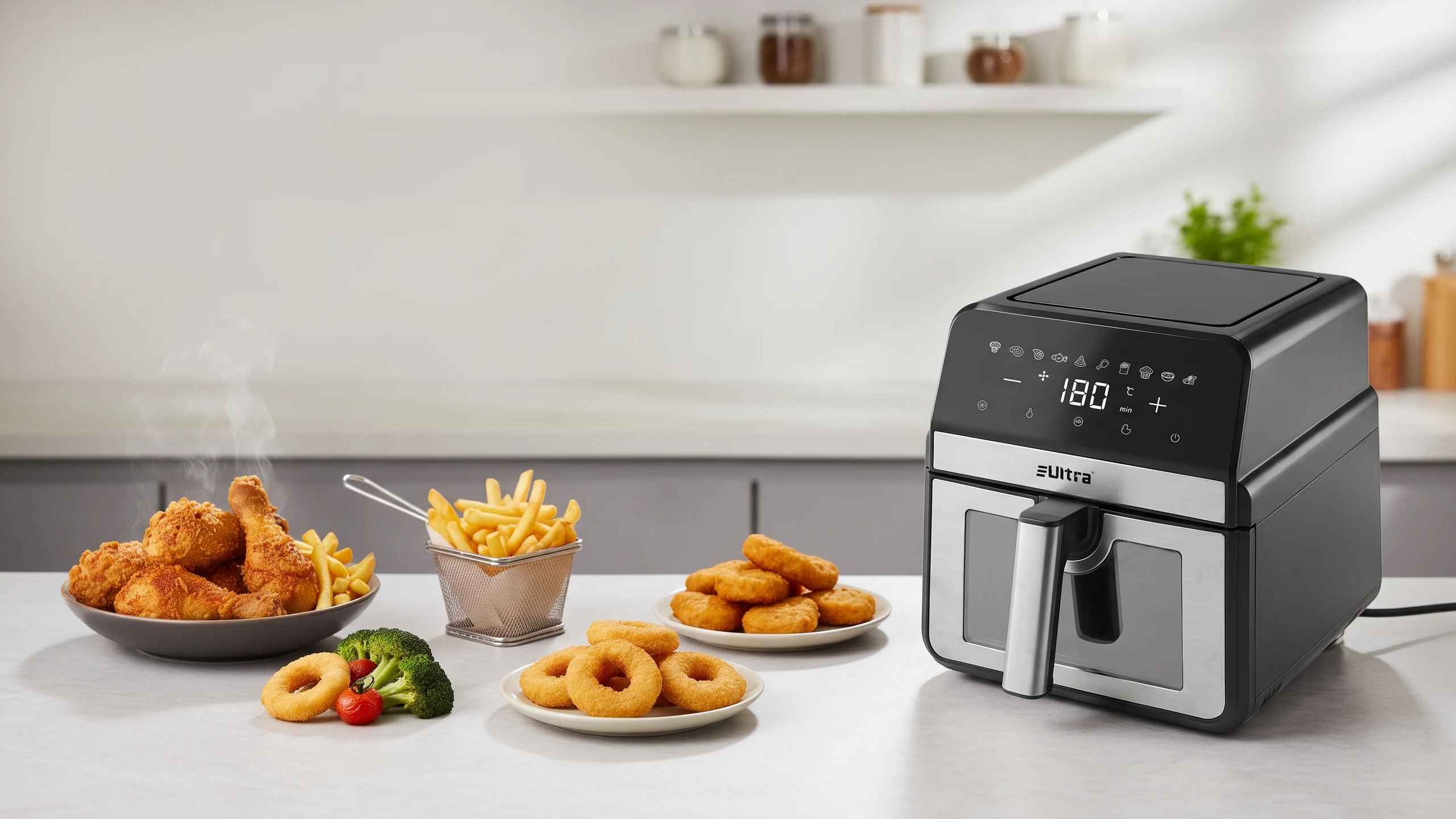 ULTRA digital air fryer on a kitchen counter beside fried chicken, fries, onion rings and nuggets
