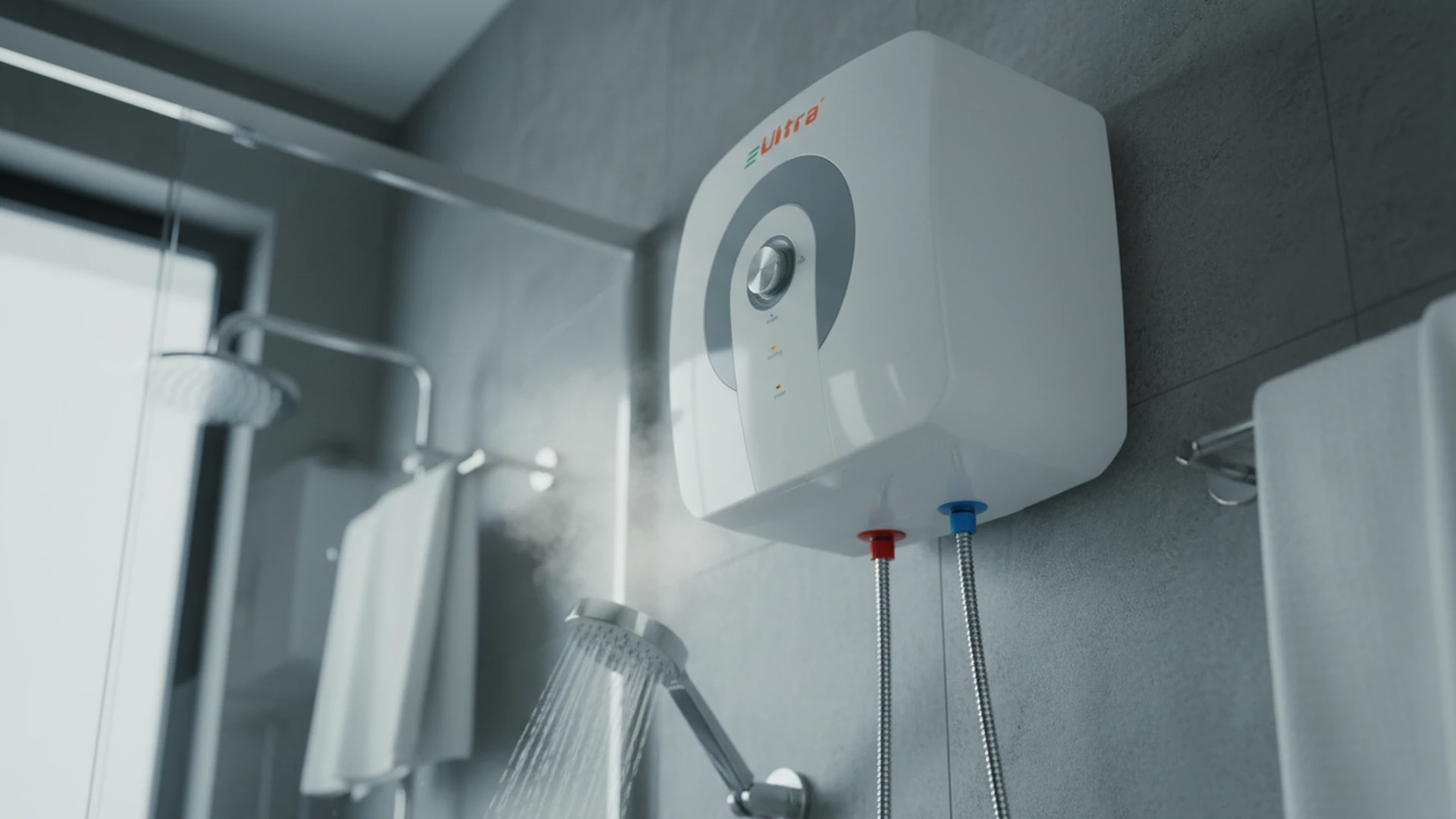 ULTRA electric geyser on a bathroom wall above a running shower