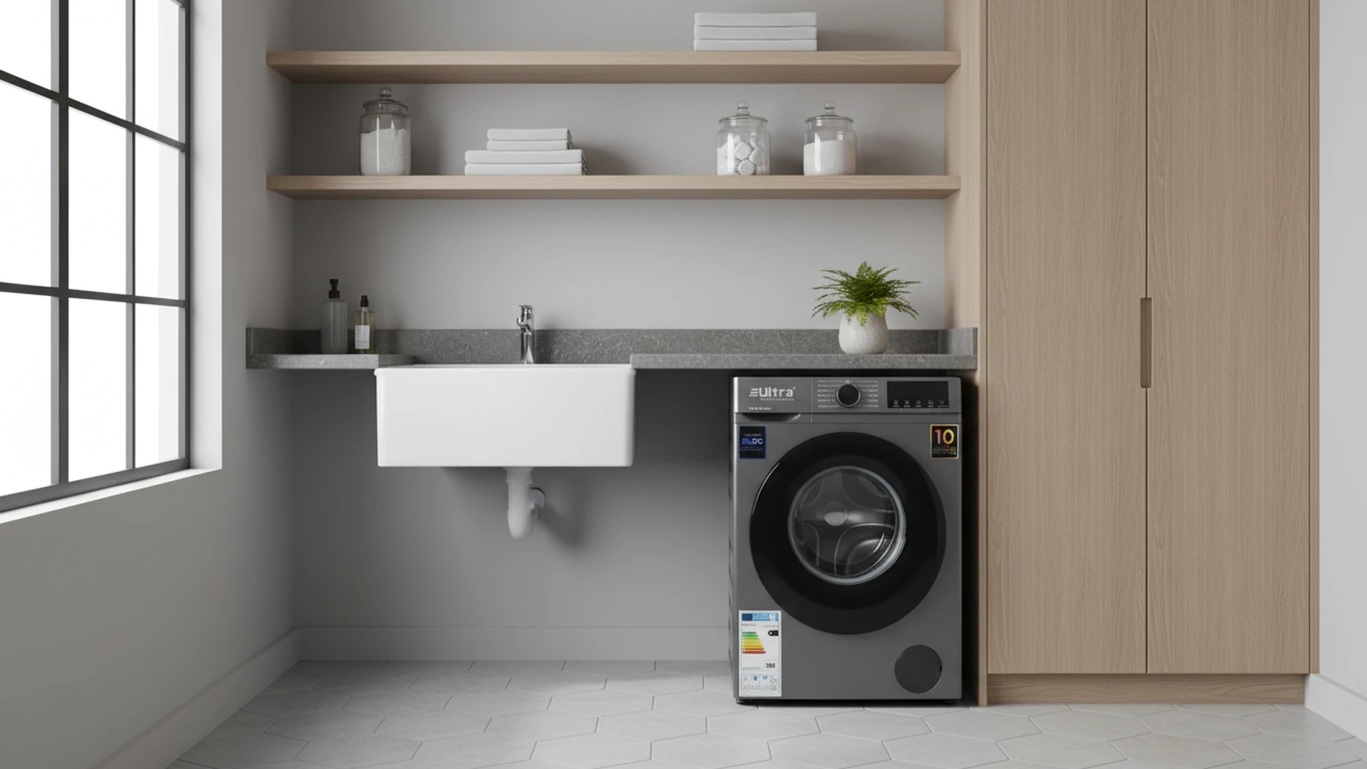 ULTRA front-load washing machine in a bright laundry room