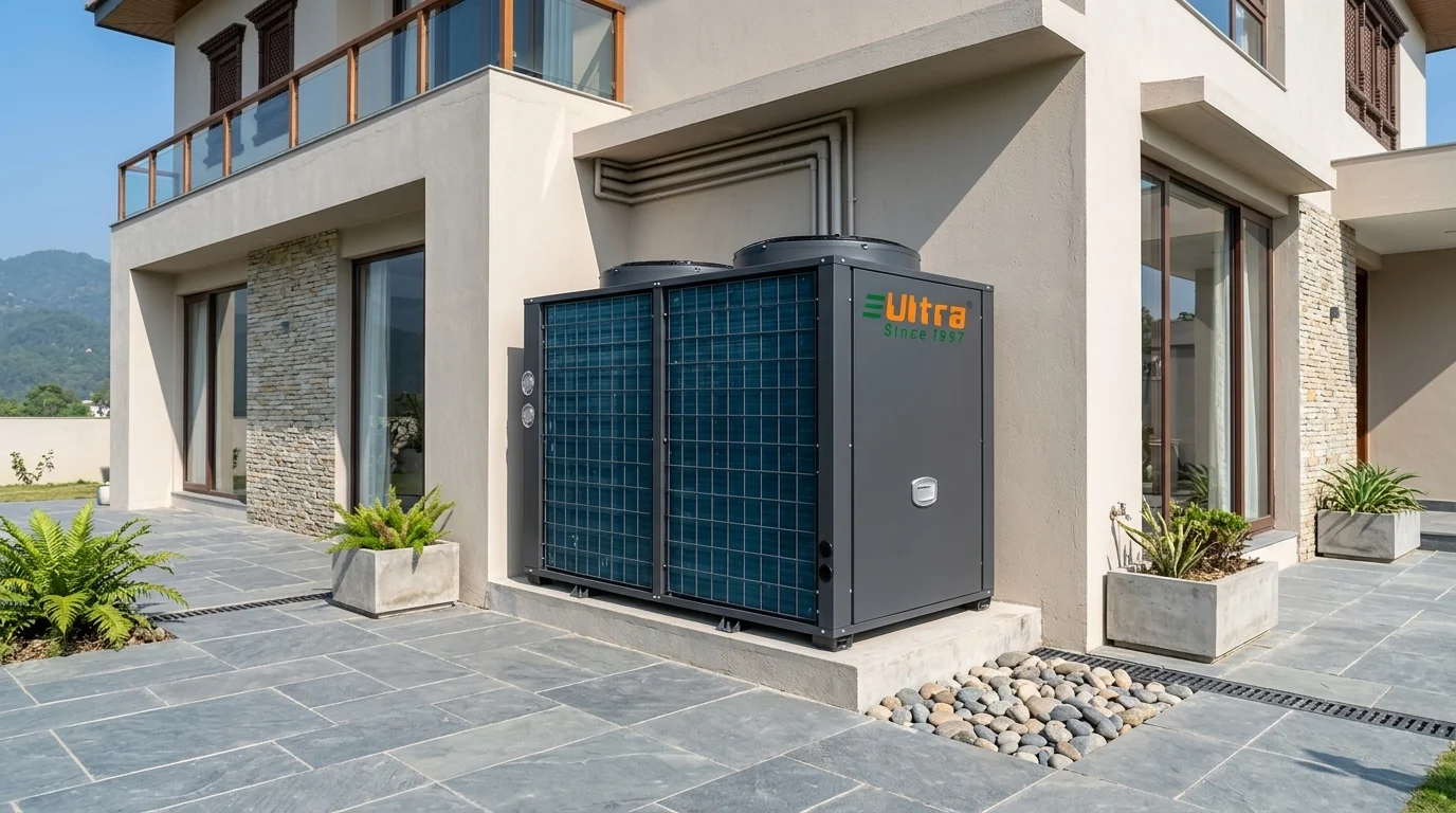 ULTRA heat pump installed beside a modern Nepali home