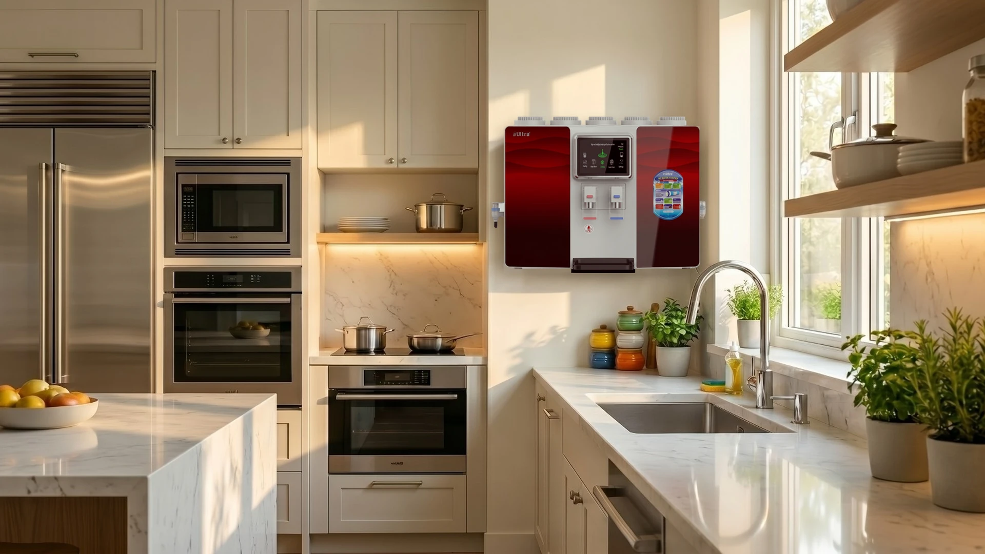 ULTRA RO water purifier on the wall of a sunlit kitchen
