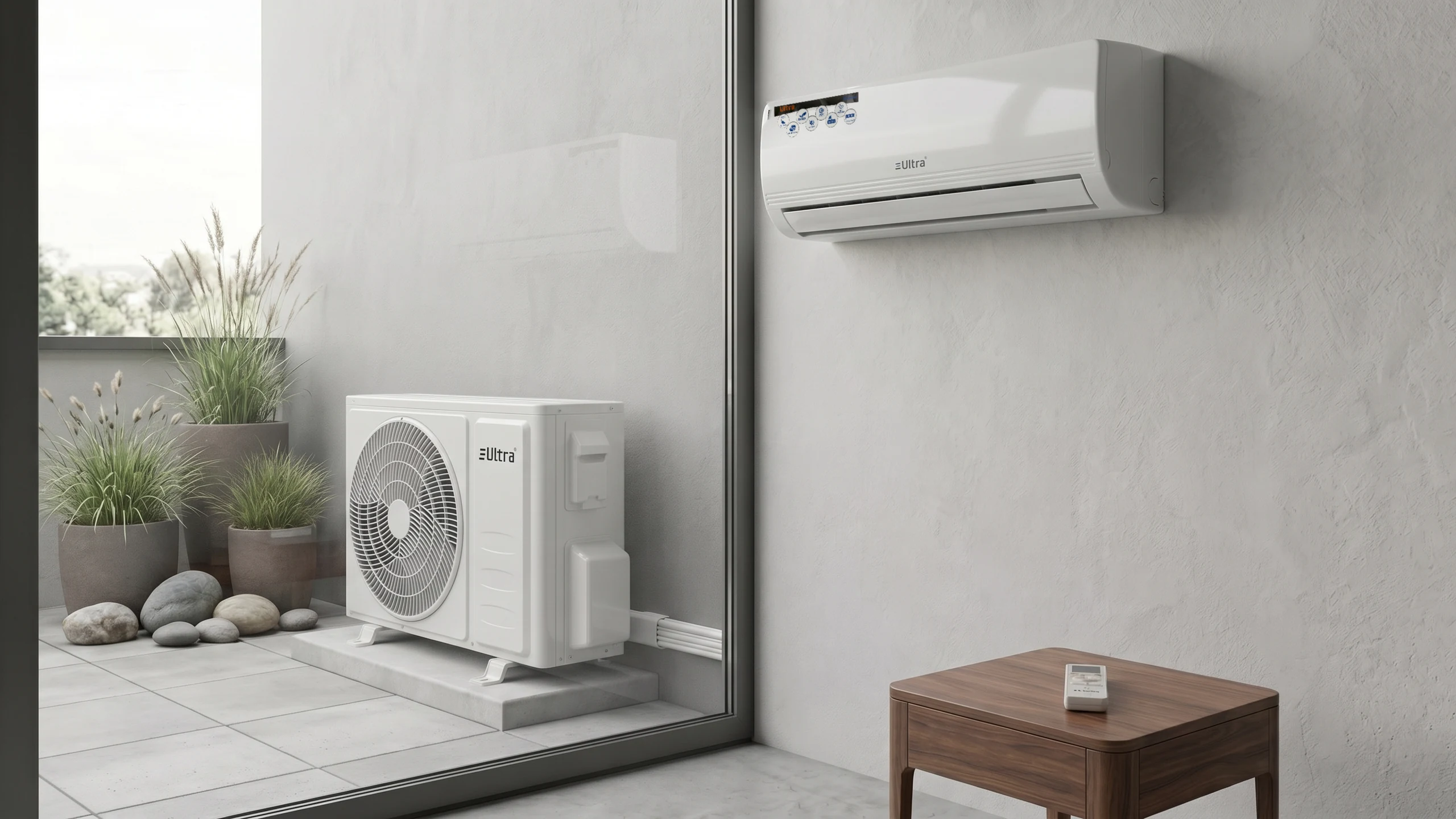 ULTRA split air conditioner, indoor unit on the wall and outdoor unit on the terrace