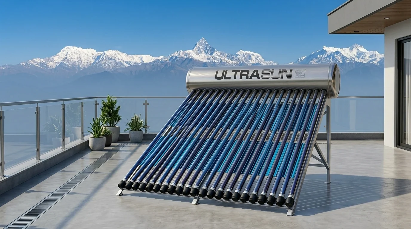 ULTRASUN solar water heater on a modern Nepali rooftop with the Himalayas behind